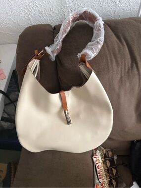 Cream Shoulder Hobo Bag with Tan Trim